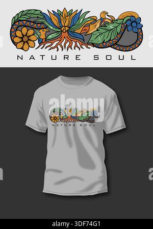 Abstrakte Blumen- und Fauna-Kritzelvektor-Illustration. Lotus-, Wurzeln- und Vogelmotiv im ethnischen Stil für Kleidung und T-Shirt-Vorlage Stock Vektor