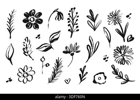 Grunge Flowers in Ink. Kritzele Zeichnungen von Blumensymbolen mit Markierungen und Buntstiften für den Frühling. Kritzeln und skizzieren Sie unordentliche Pflanzen, perfekt für Valentinstag Stock Vektor