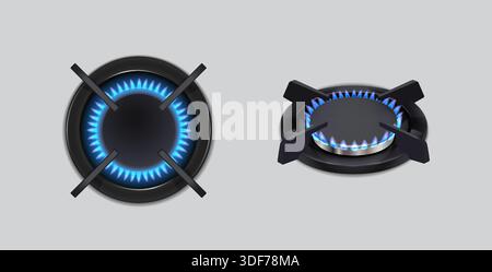 Abbildung eines realistischen Vektorsymbols. Küchengerät. Gaskochofen blauer Feuerlöscher in Draufsicht und Seitenansicht. Stock Vektor
