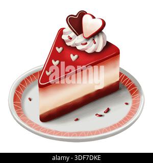 Aquarell Valentinskuchenscheibe auf Teller mit Schlagsahne und Herzkeksen ohne Hintergrund Stockfoto