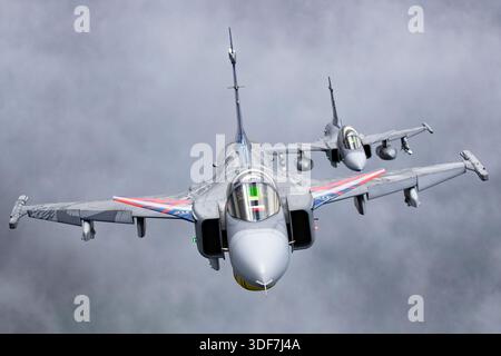 Zwei tschechische Luftwaffe Saab JAS 39 Gripen, eine einsitzige JAS 39C und eine zweisitzige JAS 39D, fliegen während einer Luft-Luft-Ausstellung an den NATO Days 2025 in enger Formation. Die Flugzeuge tragen eine besondere Lackierung, die 20 Jahre Gripen-Dienst bei der tschechischen Luftwaffe kennzeichnet. Der Gripen ist ein Mehrzweck-Überschalljäger mit Delta-Flügel und Kanardenanordnung, angetrieben von einem Volvo Aero RM12 Turbofan-Motor. Das Bild zeigt den kontrollierten Formationsflug, nationale Markierungen und die Betriebskonfiguration, die für Allianztraining und öffentliche Demonstrationen verwendet werden. Stockfoto
