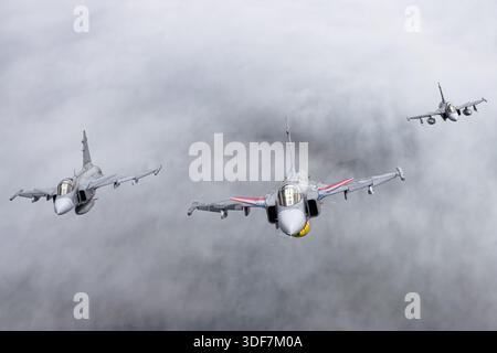 An den NATO Days 2025 führen die tschechischen Luftwaffenflugzeuge Saab JAS 39C und JAS 39D Gripen Luft-Luft-Formationsflüge in einer speziellen 20-jährigen Service-Lackierung durch. Diese einsitzigen (C) und zweisitzigen (D) Mehrzweckjäger mit einmotorigem Turbofan, Delta-Flügel und Canard-Konfiguration demonstrieren Manövrierfähigkeit, präzises Handling und koordiniertes Kunstflugverhalten. Das Display unterstreicht die Vielseitigkeit des Gripen bei Luftüberlegenheit, Streik und Aufklärungsmissionen. Stockfoto