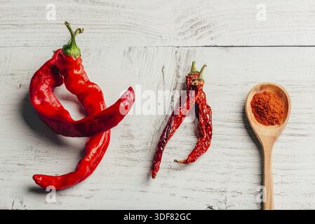 Frische, getrocknete und gemahlene rote Chilischote auf farbigem Holzhintergrund Stockfoto