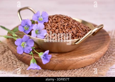 Flachssamen und Flachsblüten. Nützliche Leinsamen in einer Schüssel. Stockfoto