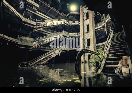 Dramatische Sicht auf beschädigte Rolltreppen in verlassenen Gebäuden. Vollmond, der auf bewölktem Nachthimmel durch ein eingestürztes Dach scheint. Apokalyptisches und bösartiges Konzept Stockfoto