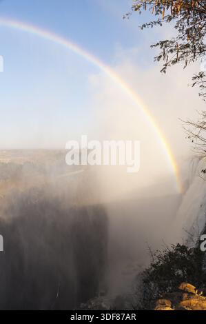Regenbogen am frühen Morgen von der Sambia-Seite der Victoria Fälle gesehen Stockfoto