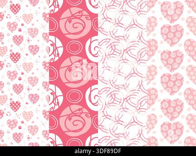 Satz von nahtlosen Vektor-Hintergrundmustern in rosa Farbe auf weißem Hintergrund mit Herzen, Kreis und abstrakten Elementen für Verpackungspapier, Textilien, Stock Vektor