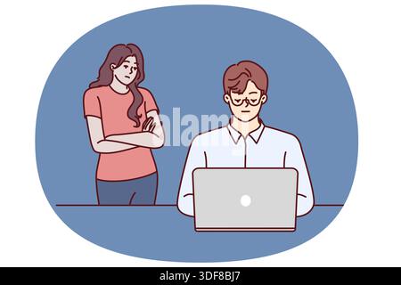 Frustrierte Frau in der Nähe ihres Ehemanns, die ihren Laptop benutzte, an Internetsucht leidet und bis spät in die Nacht arbeitete. Konzept des Ungleichgewichts zwischen Internetkarriere und Familie, das Verbitterung gegenüber Angehörigen hervorruft Stock Vektor