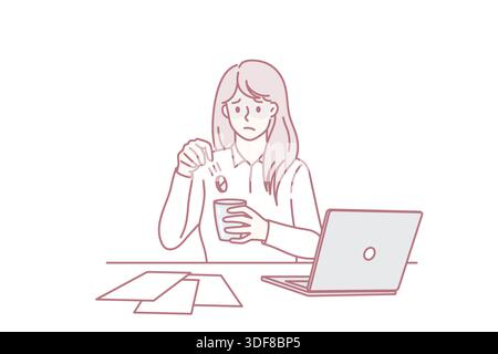 Fieber während der Arbeit Konzept. Traurig depressiv krank krank Frau Büroangestellte sitzen am Laptop Einnahme von Medikamenten zum Schutz vor Fieber Krankheit Vektor-Illustration Stock Vektor