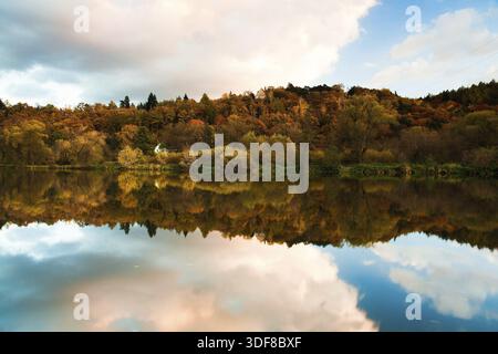 Symmetrie-Reflexion am Fluss im Herbst Stockfoto