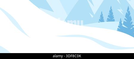 Winterliches horizontales Banner mit schneebedeckten Hügeln mit Kiefern, sanften Hängen und fernen Bergsilhouetten unter hellblauem Himmel Stock Vektor