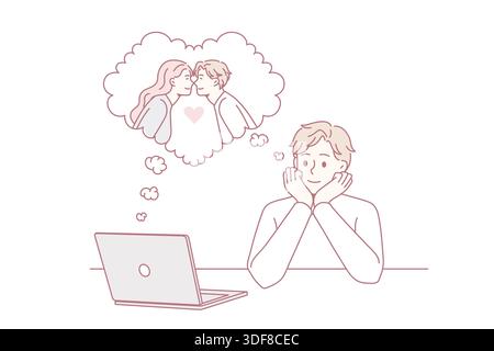 Träumen von Liebe und Online-Dating-Konzept. Lächelnder Junge, der am Laptop sitzt und davon träumt, dass seine Freundin sich ihr Datum online als Vektorgrafik vorstellt Stock Vektor
