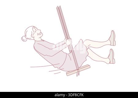 Glücklicher Lebensstil älterer Menschen Konzept. Lächelnde positive grauhaarige Frau, die auf Schaukeln reitet und Freiheit und Glück wie ein Kindervektor fühlt Stock Vektor