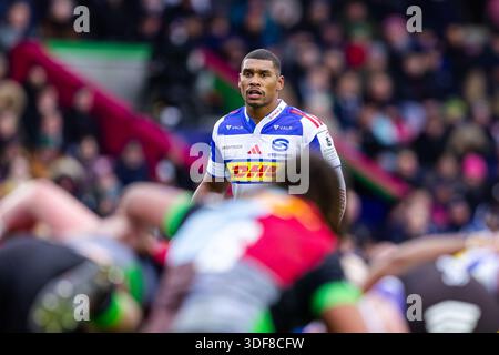 London, England, Vereinigtes Königreich, 11. Januar 2026. Damian Willemse von DHL Stormers sieht sich beim Investec Champions Cup Spiel Harlequins gegen DHL Stormers einen Scrum an. Credit: Nick B Images/Alamy Stockfoto
