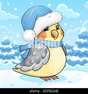 Niedlicher Karikaturpapagei mit blauem Hut und Schal im Winter. Vektor-Illustration des Tieres in der Natur auf einem blauen Hintergrund mit Schnee. Stock Vektor