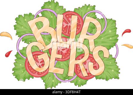 Verspielter Burger-Schriftzug aus Zutaten, Buchstaben aus Sesambrötchen, Käsescheiben und Rindfleischpasteten Stock Vektor