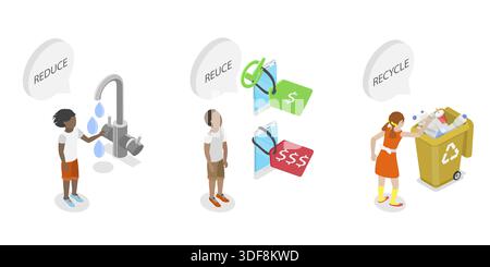 3D Isometrische flache Darstellung von Reduzieren, Wiederverwenden und Recyceln, Go Green Stockfoto