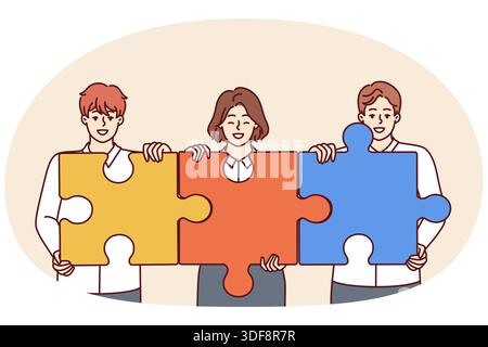Team von Geschäftsleuten mit Rätseln, die Teamarbeit und Zusammenarbeit zum Erreichen von Geschäftszielen symbolisieren. Büromitarbeiter fordern Zusammenarbeit für produktive Teamarbeit und Unternehmensentwicklung Stock Vektor