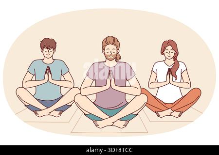 Die Leute machen Meditation und Yoga, sitzen auf Fitnessmatten und nehmen Lotusposition ein, um Zen-Training zu machen. Freunde meditieren und Yoga machen, um die Seele zu reinigen und den Geisteszustand nach einer schwierigen Lebensphase zu verbessern. Stock Vektor