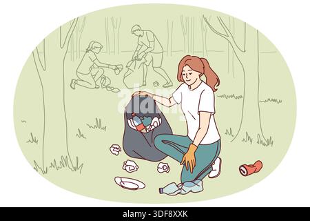 Eine Freiwillige sammelt Müll im Sack, reinigt den Park aus nicht abbaubarem Plastikabfall. Ehrenamtliche Verteidigerin der Tierwelt ist im Wald und holt Flaschen und Abfall vom Boden ab. Stock Vektor