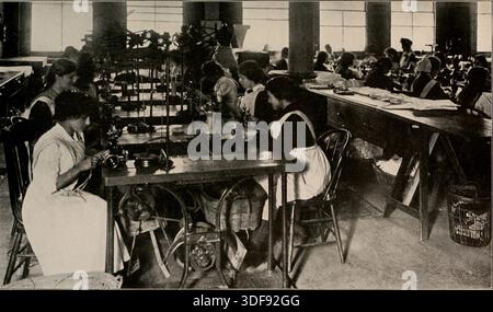 Schneiderinnen, Klasse, Schule, 1920er Jahre - dieses Foto zeigt einen Schneiderkurs für Frauen in einer Schule in den 1920er Jahren Die Studenten lernen Nähen, Musterbau und Bekleidungsbau, was die zunehmende Betonung der Berufsausbildung von Frauen im frühen 20. Jahrhundert in den Vereinigten Staaten widerspiegelt. Stockfoto