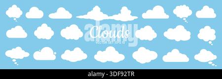 Ein Set flacher Wolken im Cartoon-Stil. Vektor weißer Wolken unterschiedlicher Formen und Größen auf blauem Hintergrund. Stock Vektor