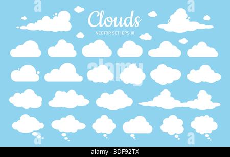 Eine Reihe von Silhouetten aus Wolken und weißen Sprechblasen in verschiedenen Formen und Größen auf blauem Hintergrund. Stock Vektor