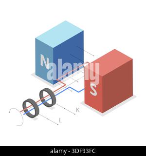 Isometrische 3D-Illustration eines elektromagnetischen Generators, einfacher Elektromotor Stockfoto