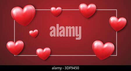 Ein Banner mit Herzen und einem weißen Rahmen auf rotem Hintergrund. Stock Vektor