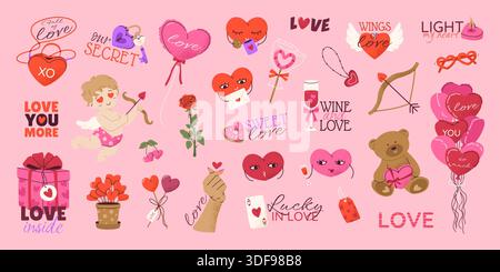Retro-Clip-Art-Set für den Valentinstag. 29 Elemente Stock Vektor