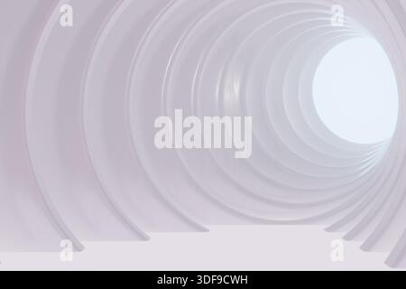 Ein weißer Spiraltunnel mit glatten, gekrümmten Wänden, die zu einer hellen kreisförmigen Öffnung führen. 3D-Rendering Stockfoto