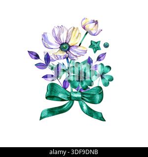 Handgezeichnete Aquarellillustration eines zarten lila Lavendelstraußes in einer klaren Glasflasche. Dieses charmante botanische Element ist ideal für rustikale Gäste Stockfoto