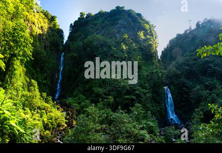 Foto der wunderschönen zwei Wasserfälle von Trafalgar Falls, Morne Trois Piotns National Park, Dominica. Stockfoto