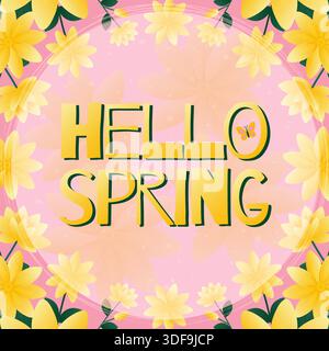 Hallo Frühlingsgrußkarte mit gelbem Blumenrahmen auf rosa Hintergrund und Schmetterling flachen Vektor. Stock Vektor