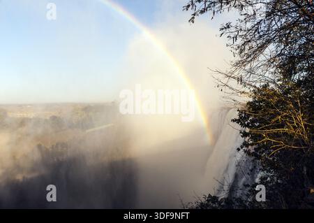 Regenbogen am frühen Morgen von der Sambia-Seite der Victoria Fälle gesehen Stockfoto