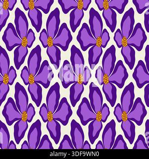 Magische lila Blumen auf beigefarbenem Hintergrund. Nahtloses Blumenmuster. Fantasy-Gitter-Ornament. Abstraktes Clematis-Blumen-Element. Stock Vektor
