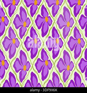 Abstrakte Blumen und Gitter. Lila Fuchsia-Blume-Element auf grünlich grauem Hintergrund. Nahtloses Blumenmuster. Fantasy-Ornament Stock Vektor