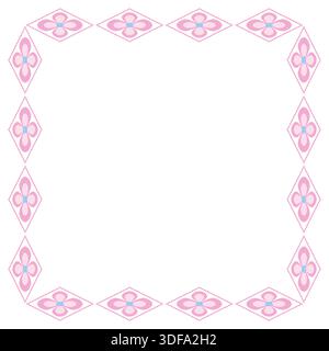 Rechteckiger Rahmen mit rosa Blumenmuster. Einfache Blumen isoliertes Designelement auf weißem Hintergrund. Vektor-Illustration mit Blumenkachel. Quadratisches Fantasy-Ornament Stock Vektor