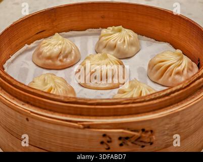 Xiao Long Bao: Traditionelle taiwanesische und chainesische gedämpfte Suppenknödel in einem hölzernen Dampfkorb in einem Restaurant Stockfoto