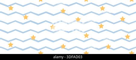 Lustiger und moderner Hintergrund für Kinder mit Zickzackmuster. Handgezeichneter Hintergrund mit Sternen. Niedliches Meeresdesign für Kinderzimmer. Vektorabbildung Stock Vektor