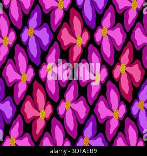 Nahtloses Blumenmuster mit Orchideenmuster. Abstraktes Clematis-Blumen-Element. Helle lila violette Blumen auf schwarzem Hintergrund. Fantasy-Ornament Stock Vektor