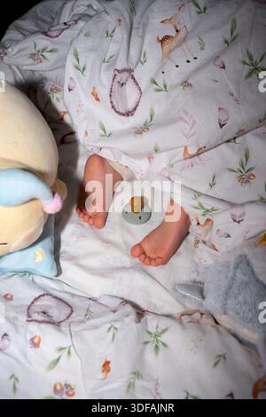 Zwei winzige Babyfüße, die von einer Decke aus Musselin mit pastellfarbenem Tiermuster ragen, eingebettet zwischen Plüschspielzeug und einem Schnuller auf einem Blumenbett-Bettlaken Stockfoto