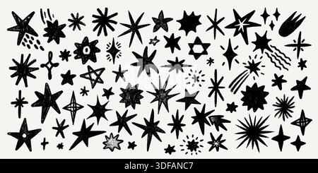 Riesige Crayon STAR Kollektion mit schwarzer Sketch-Textur, handgezeichneten Doodle Sternen, Kometen und Funkenformen in Kreide. Buntstiftsternillustration mit Skizze Stock Vektor