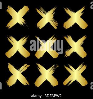 Goldene Grunge-Kreuze, Pinselstriche, Linien, Tintenflecken, handgezeichnete Kritzelformen. Handgemachte, skizzenhafte Markierungen, Acrylflecken, Holzkohlestreifen. Farbe Stock Vektor