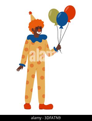 Schwarzer Mann im Clown-Kostüm. Clown in gelbem Jumpsuit, der Ballons hält. Fröhlicher Clown in festlicher Mütze. Illustration des flachen Vektors. Stock Vektor
