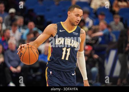 Orlando, Florida, USA, 11. Januar 2026, der Wächter Bryce McGowens #11 aus New Orleans Pelicans zieht im Kia Center nach vorne. (Foto: Marty Jean-Louis/Alamy Live News Stockfoto