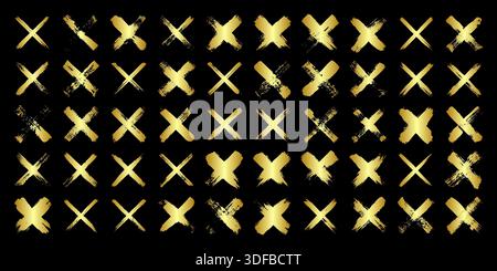 Goldene Grunge-Kreuze, Pinselstriche, Linien, Tintenflecken, handgezeichnete Kritzelformen. Handgemachte, skizzenhafte Markierungen, Acrylflecken, Holzkohlestreifen. Farbe Stock Vektor