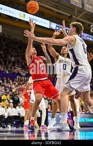 11. Januar 2026: John Mobley Jr. (0) der Ohio State Guard macht während des NCAA-Basketballspiels zwischen den Ohio State Buckeyes und Washington Huskies in Seattle WA einen Schuss in den Verkehr. Steve Faber/CSM Stockfoto