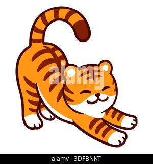 Niedlicher Cartoon-Tiger-Stretching. Lustige Kawaii-Tigerzeichnung, isolierte Vektor-Illustration. Stock Vektor