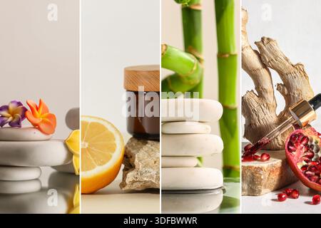 Spa-Collage mit Steinen und Kosmetikprodukten auf hellem Hintergrund Stockfoto